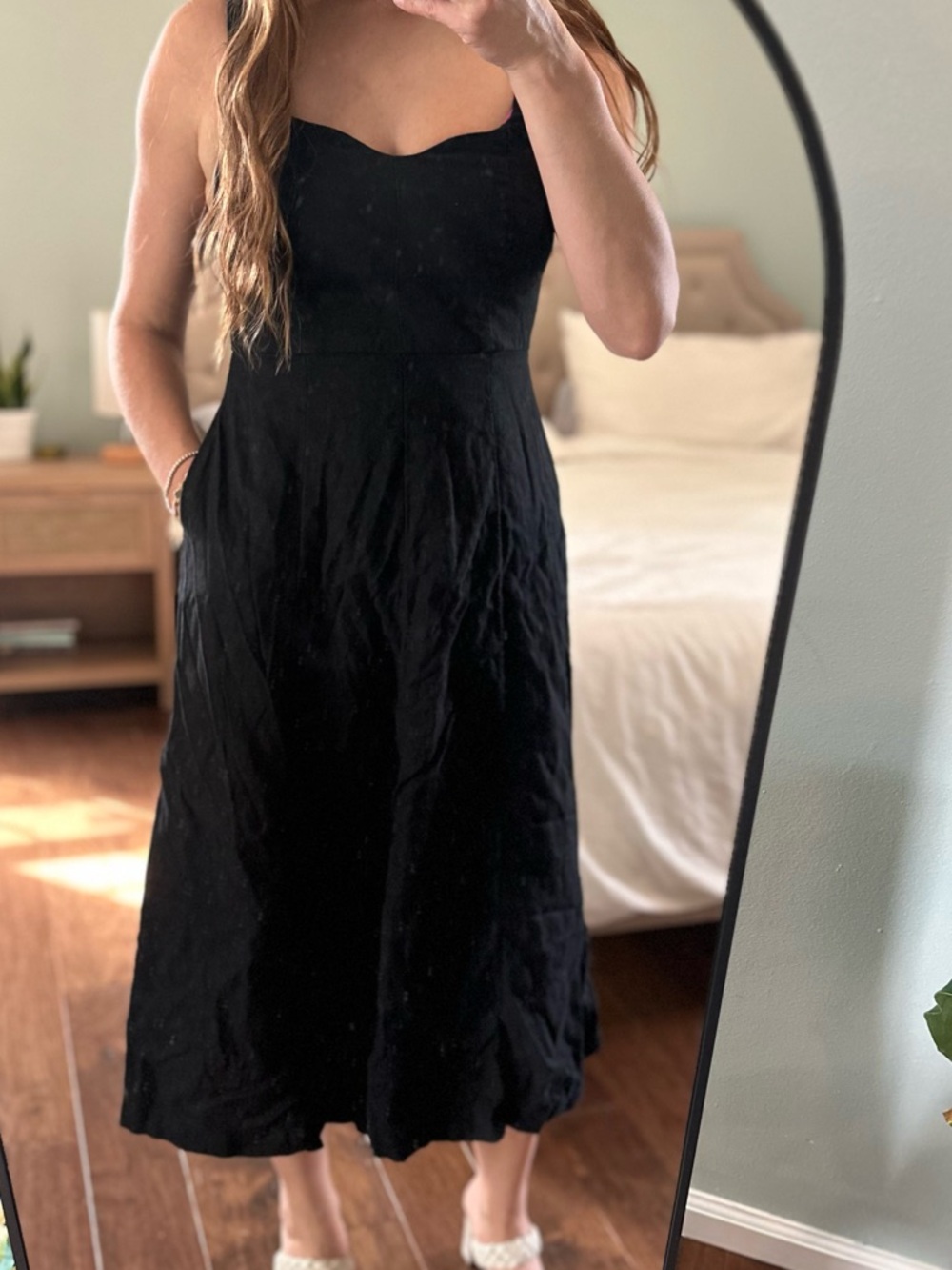 Old Navy Black Linen Midi Dress Sweetheart Neckline Fit & Flare Minimal S